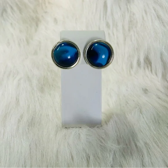 VINTAGE Blue Cabochon Clip On Earrings - Picture 3 of 6